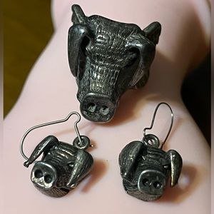 G.S.  Vintage Silver Biker Pig Ring and Earrings Size 6.5